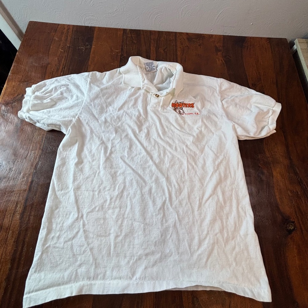 Vintage Hooters El Cajon CA Polo Shirt Mens Large White Anvil Made in USA Cotton